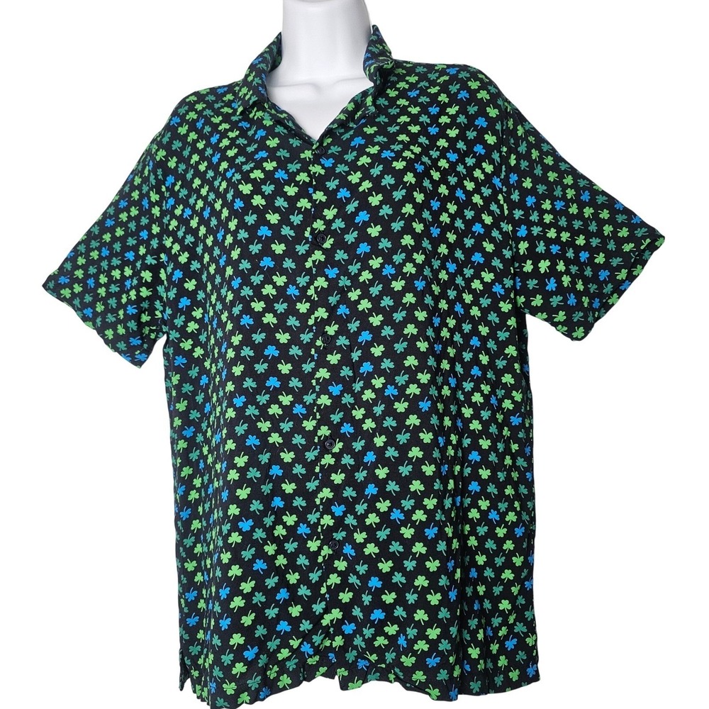 Denim & Flower‎ Mens Clover Print Button Up Shirt M Black Green St Patricks